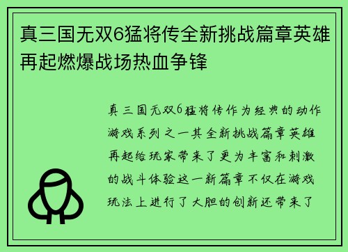 真三国无双6猛将传全新挑战篇章英雄再起燃爆战场热血争锋